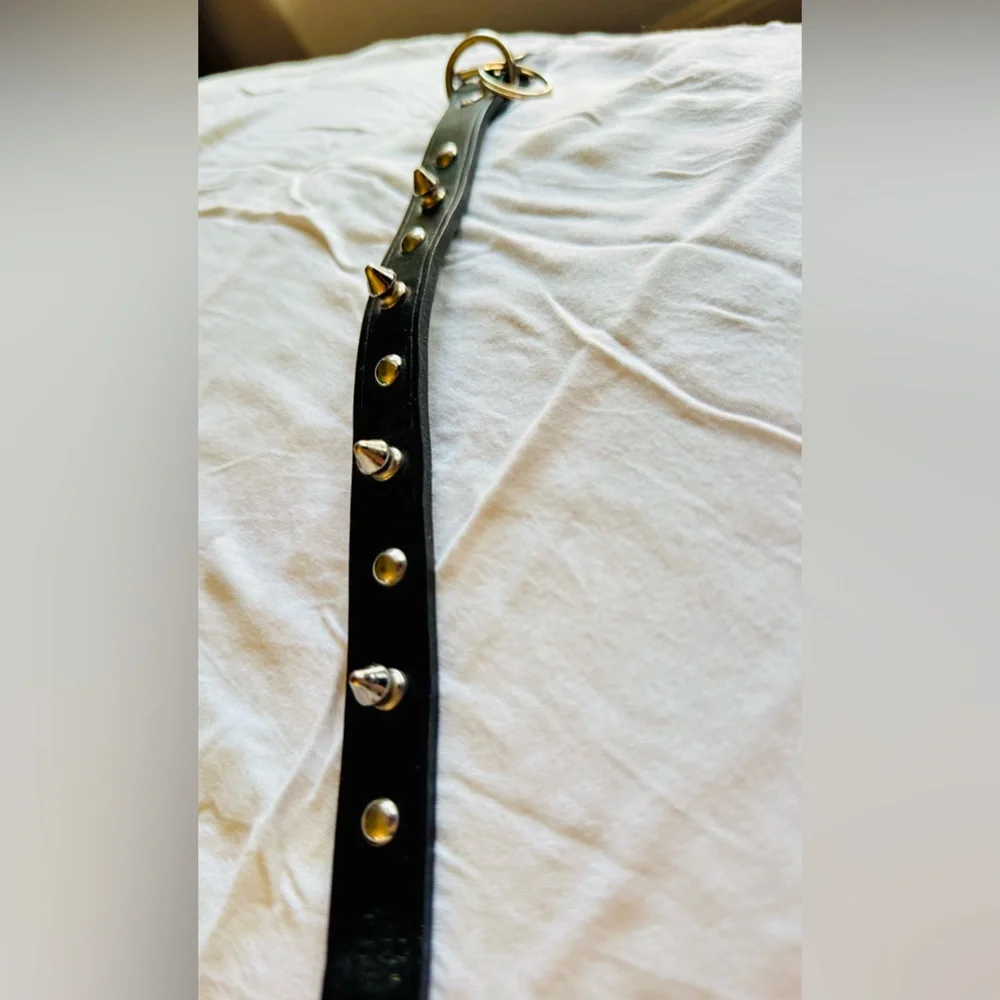 Spiked Black Leather Silver Studded Dog Collar 1” Wide 17.5” Long
